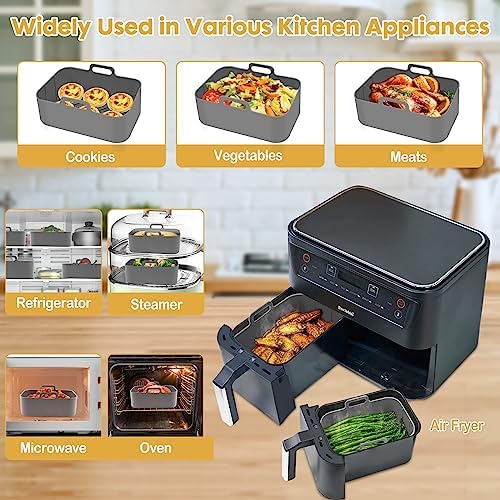 10QT Air Fryer Silicone Liners, 2Pcs Rectangular Airfryer Silicone Pot Baking Tray for Ninja Dual DZ401/DZ550 Reusable Replacement Basket Insert with Magnetic Cheat Sheet (2 Pcs Grey)