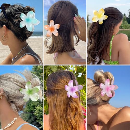 Hawaiian Plumeria Hair Accessories - 6 Pack Large Claw Clips for Thick and Thin Hair, Beach Tropical Hair Clips for Women and Girls