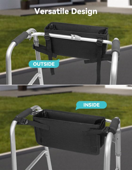 WAVECUER Walker Basket for Folding Walker, Basket for Walkers for Seniors with Cup Holder,Rollator Walker Accessories Can be Installed Outside or Inside of Walker, Wheerchair