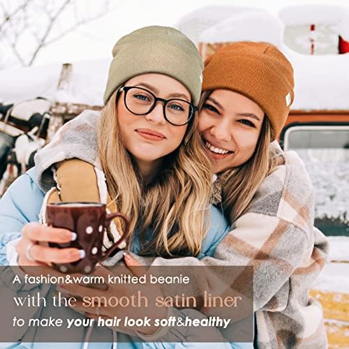 YANIBEST Womens Satin Lined Knit Beanie Hat Acrylic Winter Hats for Women Men Silk Lining Soft Slouchy Warm Cuffed Beanie Hat