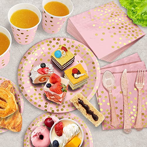 AIRE 350PCS Pink and Gold Party Supplies, Severs 50 Disposable Partyware, Gold Plastic Cutlery, Napkins, Plates for Baby Shower, Birthday, Wedding