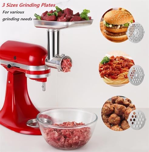 Food Grinder Attachment for KitchenAid Mixers,Stainless Steel Dishwasher Safe Meat Mincer Accessories Set Included 3 Sausage Stuffer Tubes