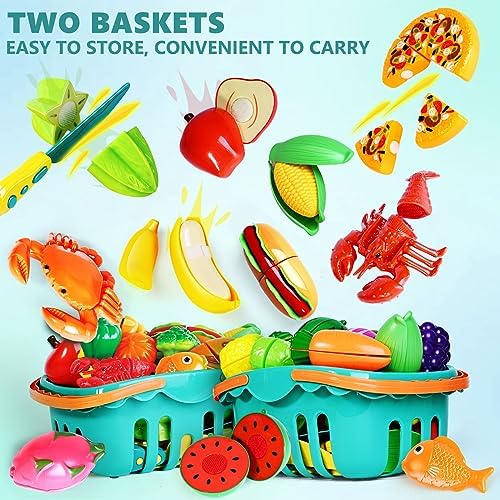100 Pcs Play Food Set for Kids Kitchen, Pretend Food Toy for Toddlers Age 1-3, Plastics Cutting Fake Food/ Fruit/ Vegetable Accessories with 2 Baskets, Birthday Gifts for 2 3 4 5 Years Old Boys Girls