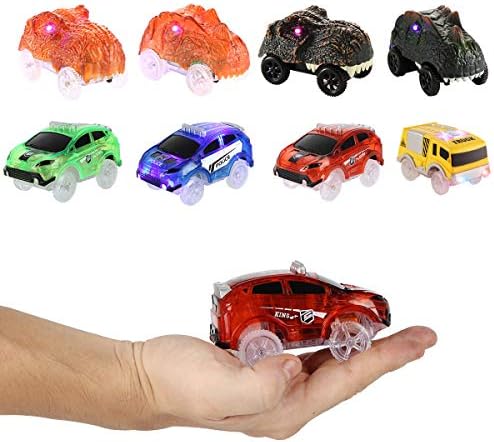 Tracks Cars Only Replacement, Flex Track Race cars for Magic Tracks Glow in the Dark, LED Lights Up Battery Operated Snap N Glow Trax cars Accessories, Compatible with Most Car Tracks for Kids (4pack