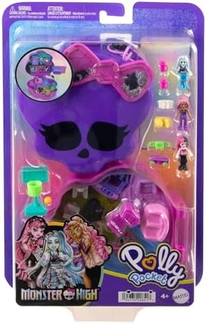 Polly Pocket Monster High Playset with 3 Micro Dolls & 10 Accessories, Opens to High School, Collectible Travel Toy with Storage