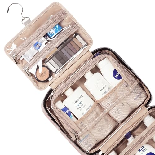 NISHEL Travel Toiletry Bag for women, Portable Hanging Organizer for Full-Sized Shampoo, Conditioner, Brushes Set, Makeup Accessories, Large Size, Pink