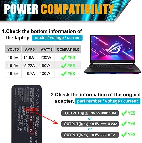 Replacement New ROG 230W 180W AD230-01E Adapter, Rog Strix G531GT G531GW G531GV G531GU G531GD G731GU G731GW G731GV G731GT Hero Scar III 15 17 ROG Zephyrus Gaming Laptop Power Supply