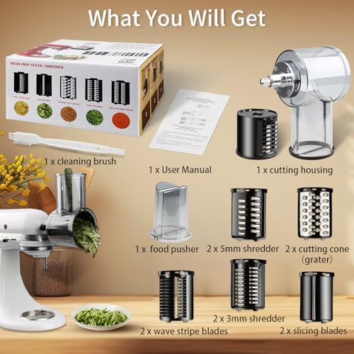 Slicer Shredder Attachments for KitchenAid Stand Mixers, Cheese Grater, Salad Maker, Vegetable Shredder, Food Slicers Chopper Grinding Powder Accessories with Upgraded 5 Blades