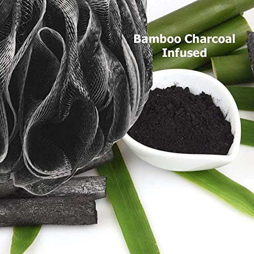 Loofah-Charcoal Back-Scrubbers Color-2-Pack-by-Shower-Bouquet: Long-Handle Bath-Sponge-Brushes with Extra Large Soft Mesh for Men & Women - Exfoliating Full Pure Cleanse in Bathing Accessories