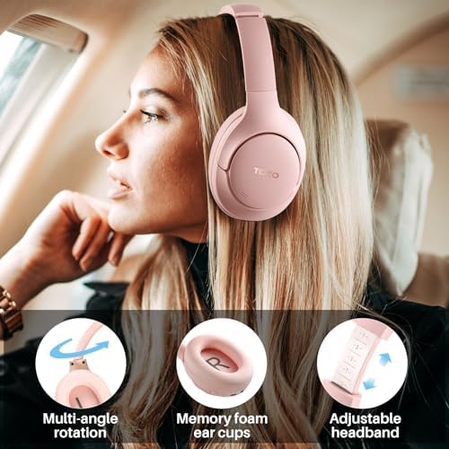 TOZO HT2 Hybrid Active Noise Cancelling Headphones, Wireless Over Ear Bluetooth Headphones Pink +HT2 Replacement Ear Pads Khaki