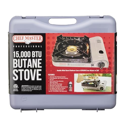 Chef Master 90019 Portable Butane Stove | 15,000 BTU Single Burner Gas Stove | Camping and Backpacking Essentials | Piezo Click Ignition | Double Wind Guard Burner | Hard Carrying Case
