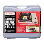 Chef Master 90019 Portable Butane Stove | 15,000 BTU Single Burner Gas Stove | Camping and Backpacking Essentials | Piezo Click Ignition | Double Wind Guard Burner | Hard Carrying Case