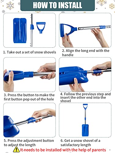 Adjustable Length Kids Snow Shovel with D-Grip Handle for Kids Outdoor Yard Garden Activities, 28.4-33.1 inch Plastic Snow Shovel Detachable, Red & Blue (Age 3+, 2 Packs)