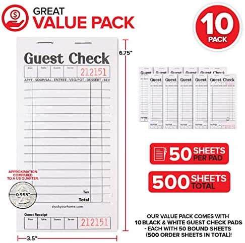 Stock Your Home Black+White Guest Check Books for Servers (10 Pack) Server Note Pads, Waiter Checkbook, Food Receipt Book, Restaurant Order Pad, Paper Checks, Waitress Accessories, 500 Total Tickets