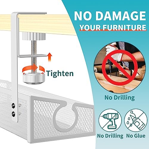 Under Desk Cable Management Tray White, No Drill Desk Cable Management Organizer with Clamp for Desk Wire Management, Desk PC Cord Organizer Accessories & Workspace Organizers for Office, Home(2 Pack)