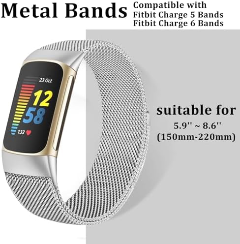 surundo Compatible with Fitbit Charge 6/Charge 5 Bands for Wmen Men, Metal Mesh Milanese Loop Adjustable Strap Replacement for Fitbit Charge 6/Charge 5 Advanced Fitness & Health Trackers