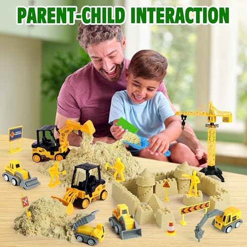 Sand Construction Kit with A Big Foldable Sandbox and 2.2lbs Magic Sand, Truck Sand Construction Toys Including Castle Molds and Other Accessories 36Pcs Total, Play Sand Art Set for Kids 3+
