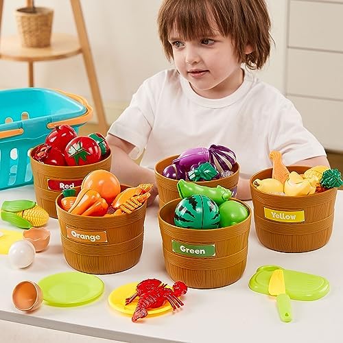JOYIN Learning Toys Play Food Set for Toddlers, Cutting Food for Preschool Activities, Pretend Play Kitchen Accessories for Kids, Color Sorting Set for Boys & Girls, Daycare Educational Toy