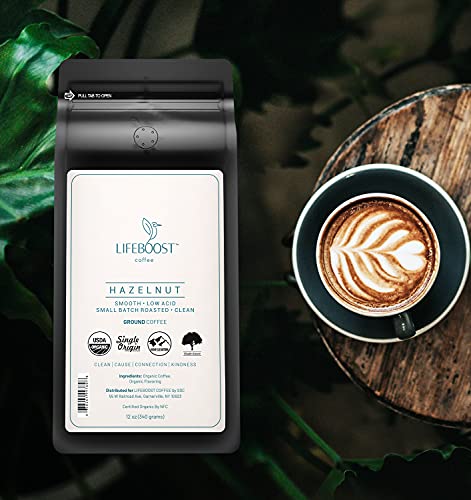 Lifeboost Coffee Hazelnut Ground Coffee - Low Acid Single Origin USDA Organic Coffee - Non-GMO Ground Coffee Beans Third Party Tested For Mycotoxins & Pesticides - 12 Ounces