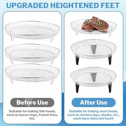Air Fryer Accessories with 8pcs Foot Cover - 8" Square 3 Stackable Dehydrator Racks Fits 5.8 QT Air Fryer Racks for Cosori, Instant Vortex, Nuwave Air Fryer, Ninja Foodi Grill 304 Stainless Steel