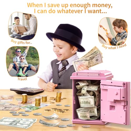 TEMI Piggy Bank for Kids, Electronic Coin Money Bank for 3 4 5 6 7 8 9 10 Year Old Girls Gifts, Cash Coin Can ATM Bank for Kids 5-7, Christmas Birthday Gifts (Pink)