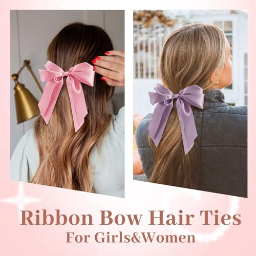 Yougeigy 6PCS Bow Hair Ties, Satin Hair Ribbon, Ribbon Hair Bows for Women Girls, Elastics Hair Scrunchies for Thick Thin Hair, Bows Hair Accessories for Valentine's Day