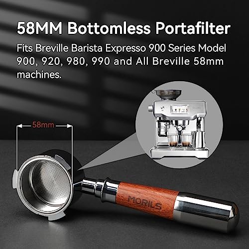 58mm Bottomless Portafilter with Double Shot Filter Basket & Premium Walnutwood Handle, Portafilter Compatible with All Breville 58mm Machines, Espresso Accessories(Puck Screen)