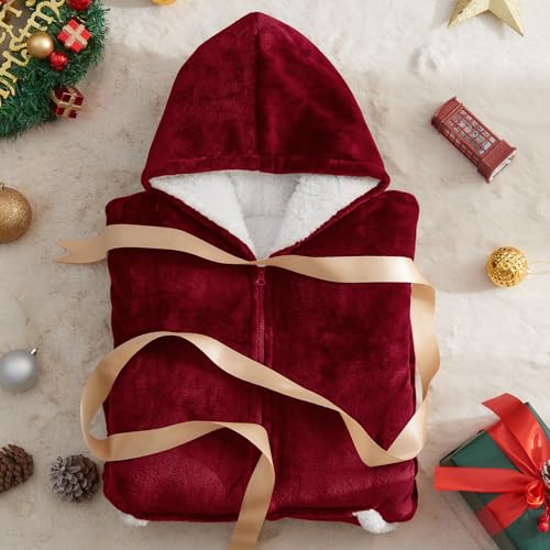 JOYWOO Wine Red Wearable Blanket Hoodie, Christmas Birthday Gifts for Mom Women Men, Oversized Hooded Blanket for Adult, Cozy Fuzzy Sherpa Sweatshirt Blanket with Giant Pocket and Zipper