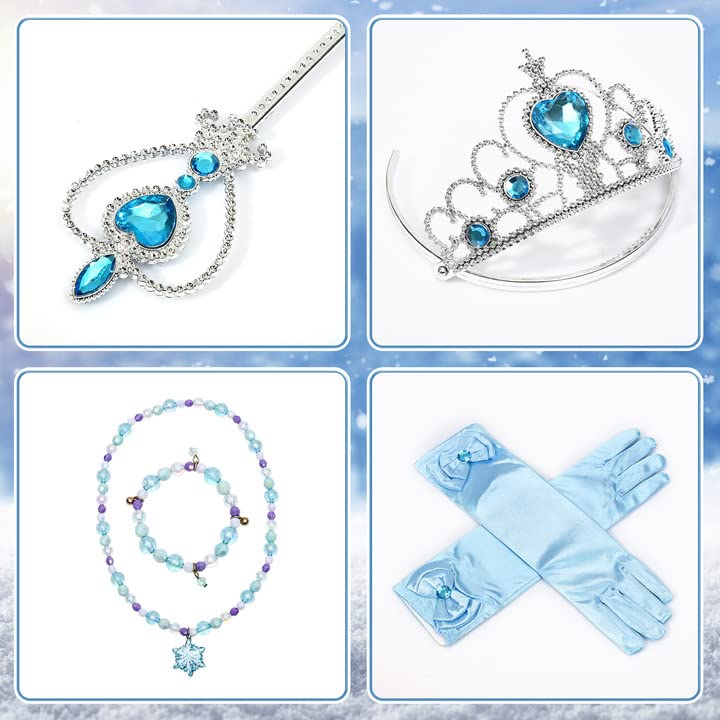 Tacobear 10Pcs Frozen Elsa Costume Dress For Girls Kids Toddler Princess Dress Up Clothes For Little Girls With Elsa Accessories Gloves Crown Wands Wig Necklace For 3T Kids Christmas Birthday Party