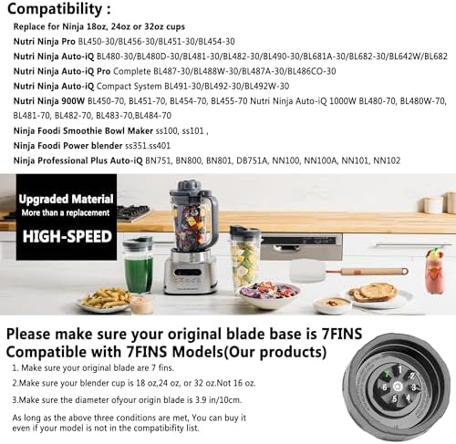 Ninja Blender Cups Replacement, 24oz Ninja Blender Cups with To-Go Lids, 7 Fins Extractor Blade, Compatible with Nutri Auto iQ Blenders BL2012 BN801 BL480-30 BL640-30 BL642-30 NN100-30 BL450