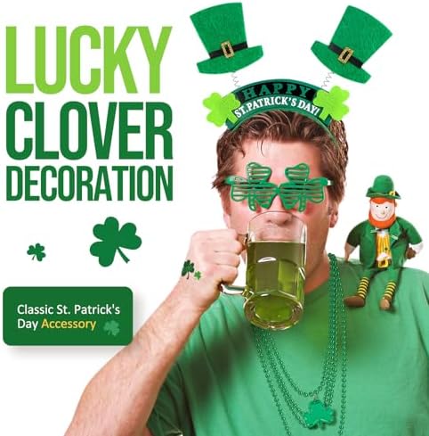 29Pack St Patricks Party Favors of 16pcs Shamrock Beads Necklace Bulk, 6pcs Clover Eyewear Sunglasses, 6pcs Green Hats Headband, 1pc St. Patrick's Day Stickers Party Dressing-up Costume Accessories