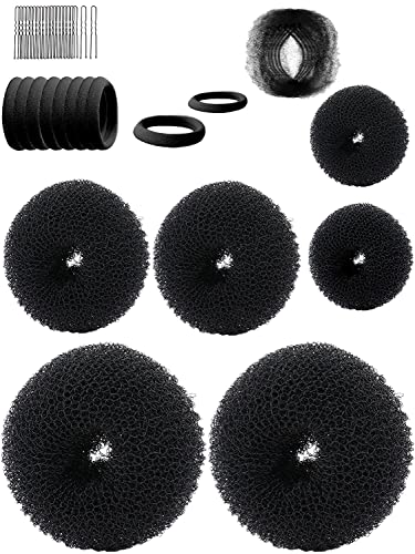 Hair Bun Maker, Hair Doughnut Shaper (6PCS, 3 Sizes: Large 3.5IN, Medium 3IN, Small 2IN, Black) - Hair Styling Accessories Kit Includes Elastic Bands, Bobby Pins, Invisible Hair Nets