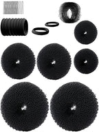 Hair Bun Maker, Hair Doughnut Shaper (6PCS, 3 Sizes: Large 3.5IN, Medium 3IN, Small 2IN, Black) - Hair Styling Accessories Kit Includes Elastic Bands, Bobby Pins, Invisible Hair Nets