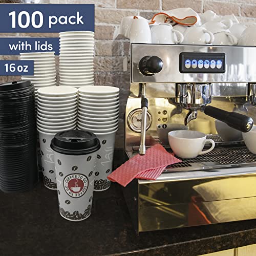 JUST PACK IT [16 oz - 100 Sets with Lids PREMIUM Paper Hot Coffee Cups with Resealable Lids - Leak Free To Go Disposable Hot Beverage Drinks