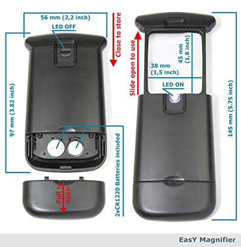 EasY Magnifier Small Pocket Magnifying Glass 3X with LED Light For Reading Fine Print; Mini Lighted Hand Held Acryl Lens; Read Lables In Stores; Magnify Glasses For Close Work;Helpful Gift For Seniors