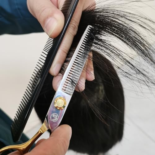 Hair Cutting Scissors Kit, Hair Scissors Professional Stainless Steel Haircut Scissors with Hair Shears, Thinning Shears, Haircut Accessories in Leather Case for Barber/Home 12PCS Gold Silver