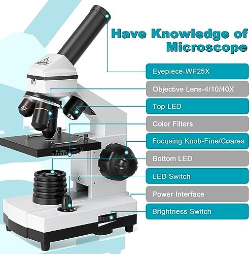 Microscope for Adults Kids Students 100-2000x Magnification Powerful Biological Educational Microscopes with Operation Accessories (10p), Slides Set (15p), Phone Adapter, Wire Shutter & Backpack
