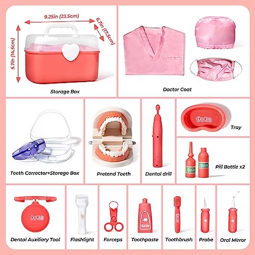 Dentist Kit for Kids with Pretend Teeth, Dental Accessories and Dress Up Costume - Kids Dentist Kit Play Set - Pretend Play Gift for Kids Toddlers Ages 3 4 5 6 Year Old for Role Play
