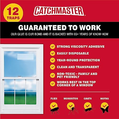 Catchmaster Window Fly Traps 12-Pack, Fruit Fly Traps for Indoors, Disposable Bulk Bug Catcher, Waterproof Insect Glue Trap, Adhesive Strips, Pet Safe Pest Control for Home, Kitchen, & Garage