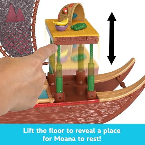 Mattel Disney Moana 2 Toys, Moana’s Adventure Canoe Playset with Floating Canoe, Moana Small Doll, 1 Character Friend, 6 Play Areas & 10 Accessories