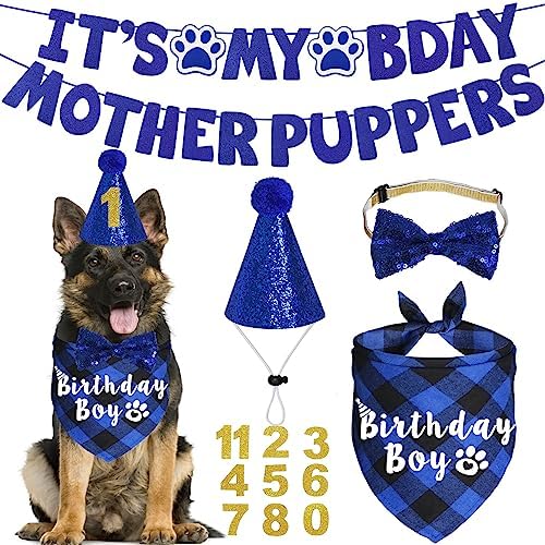 Dog Birthday Party Supplies, Multi Sizes Dog Birthday Bandana Boy Dog Birthday Hat Bow Tie Numbers It’s My Bday Mother Puppers Sign Banner for Large Extra Large Dogs Pets (X-Large, Blue)