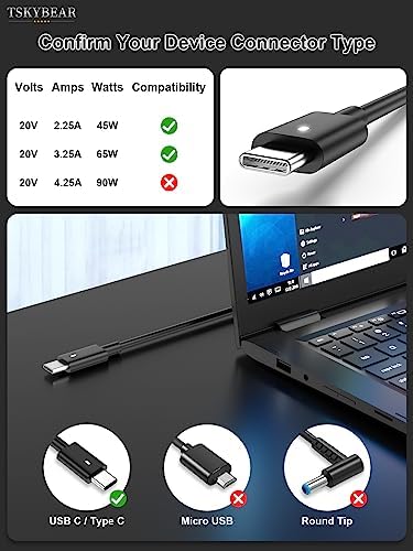 65W 45Watt for Dell Laptop Charger AC Adapter Replacement-for Dell USB C Charger Latitude 5420 5520 5320 7420 5430 7390 7320 7400,XPS 13 Chromebook 3100 Computer Type C Fast Charging Power Supply Cord