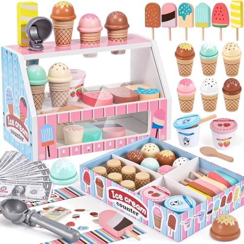 Wooden Ice Cream Toys Kids Kitchen Play Store for Toddlers Girls, Play Kitchen Accessories with Scoop & Menu & Fake Money, Wooden Toys for 3 4 5 Year Old Girls Boys Birthday