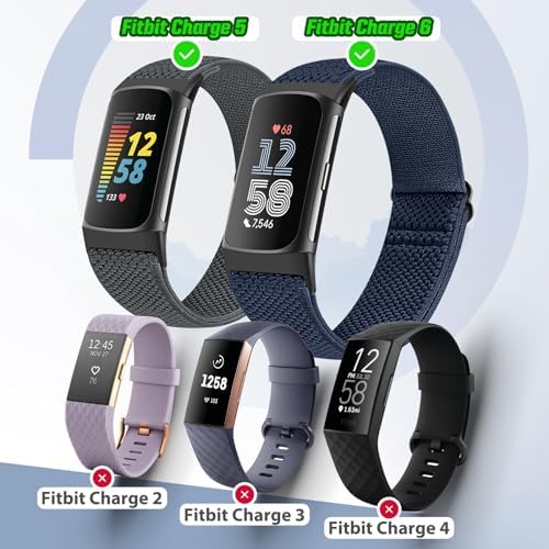 5 Pack Elastic Nylon Watch Bands Compatible for Fitbit Charge 6/Fitbit Charge 5, Adjustable Breathable Replacement Stretchy Nylon Loop Wristband Sport Strap for Women Men