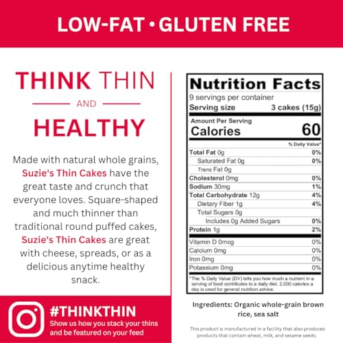 Suzie's Organic Brown Rice Cake Thins|6 Pack|Lightly Salted Low Sodium|USDA Organic, NON-GMO, Fat-Free, Sugar-Free, Gluten-Free|Low-Calorie Snack-21 Calories Per Slice|Bread & Cracker Replacement