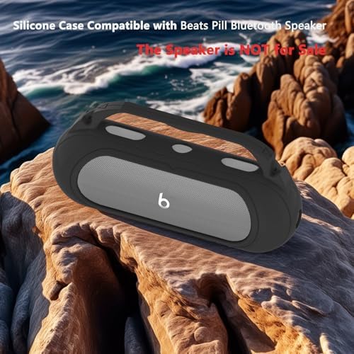 Silicone Cover Case for Beats Pill 2024 Wireless Bluetooth Speaker, Protective Stand Holder for Beats Pill Bluetooth Speaker Accessories with Should Strap (Black Case only)