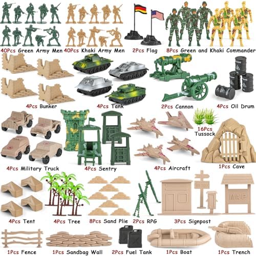 Army Men Toys for Boys 8-12, Military Soldier Army Base 160 Pcs Set Including WW2 Khaki Green Plastic Army Men Figure and Accessories with Handbag for Kid Boy Toddler Age 6-12 8-12