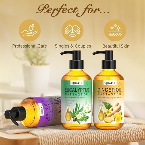 Valentine's Day Gifts for Men&Women -3 Pack Massage Oil for Massage Therapy,Lymphatic Drainage Ginger Oil | Lavender Oil | Sore Muscle Eucalyptus Massage Oils &Massage Ball for Date Night