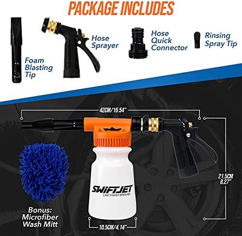 SwiftJet Car Wash Foam Gun + Microfiber Wash Mitt - Car Foam Sprayer - Car Wash Kit - Foam Cannon Garden Hose Sprayer - - Car Accessories for Men - Snow Foam Blaster (Orange Foam Gun with Mitt)