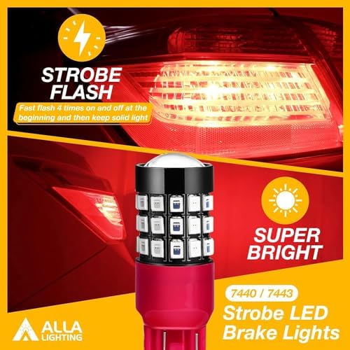 Alla Lighting Upgraded T20 7440 7443 LED Strobe Brake Lights Bulbs, Red Flashing Stop Lamps, W21W 7440LL 7443LL Strobe LED Taillights Replacement for Cars, Trucks, SUVs, Vans